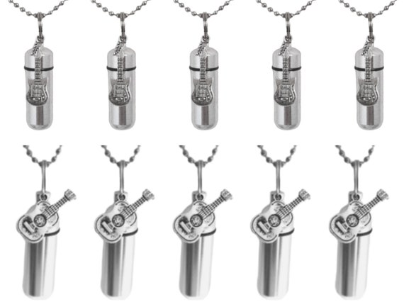 Set of TEN Silver CREMATION URN Necklaces w/5 Electric & 5 Folk Guitars, Ashes Necklace, Memorial Urn, Mourning Jewelry, Engraving Available