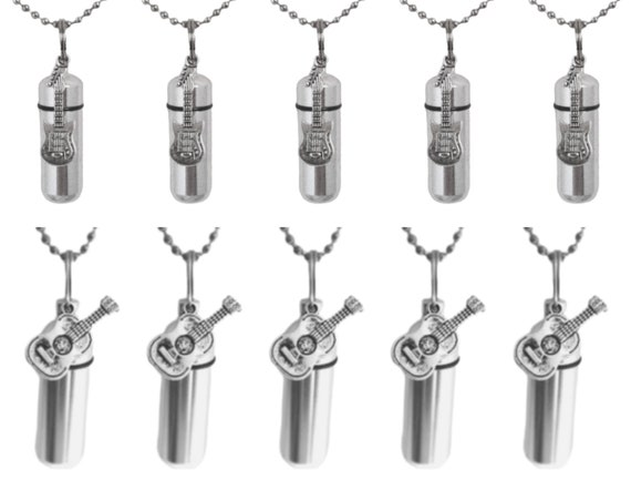 Set of TEN Silver CREMATION URN Necklaces w 5 Electric & 5 Folk Guitars - Ashes Necklace, Memorial Urn, Mourning Jewelry, Personalized Urn