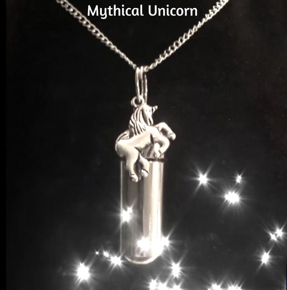 Silver Cremation Urn on 24" Curb Chain Necklace  with UNICORN, Hand Assembled with Black Velvet Pouch - Ashes Keepsake, Ashes Jewelry