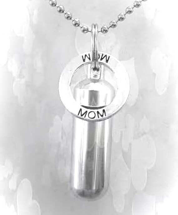 Silver CREMATION URN on 24" Ball Chain Necklace with Engraved MOM Ring Pendant - Loss of Loved One. Loss of Mother,