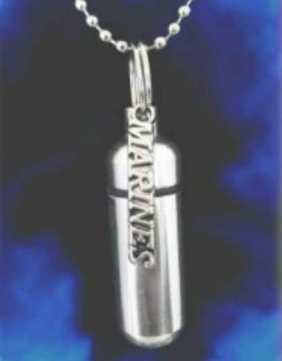 Patriotic MARINES Cremation Urn on 24" Ball Chain Necklace, Hand Assembled w/Velvet Pouch & Fill Kit - Custom Engravable, Military Keepsake