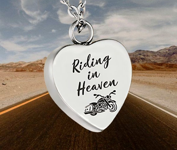 Stainless Steel Heart Cremation Urn with MOTORCYCLE "Riding In Heaven" On 24" Curb Chain Necklace - Memorial Keepsake, Ashes Jewelry