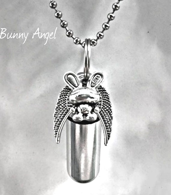 Silver Cremation Urn with Bunny Rabbit Angel Pendant on 24" Ball Chain Necklace with Velvet Pouch and Fill Kit - Memorial Keepsake, Pet Urn