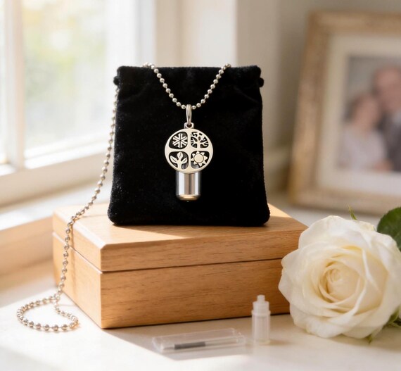 The "Four Seasons / Circle-Of-Life CREMATION URN  - Includes 24" Ball Chain Necklace, Pouch and Fill Kit
