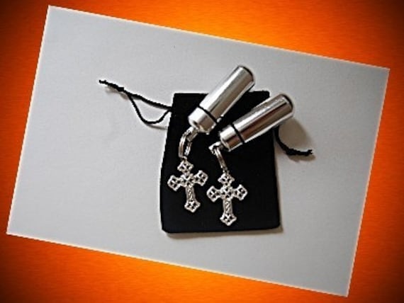 Set of TWO Classic Silver CREMATION URN Keychains with Silver Lace Crosses - Includes Velvet Pouches and Fill Kit