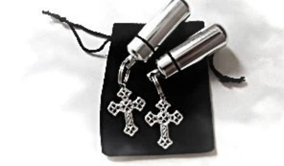 TWO Silver Cross CREMATION URN Necklaces with engraved "Love Hearts", CUstom Engraving Available!