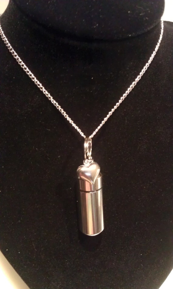 Silver Cremation Urn on 21" Curb Chain Necklace with Puffed Heart - Hand Assembled.... in Black Velvet Pouch