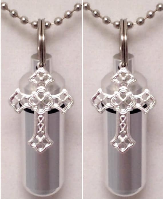 Set of TWO Silver Cross Anointing Oil Holders  - Includes 2 Velvet Pouches, 2 Ball Chain Necklaces