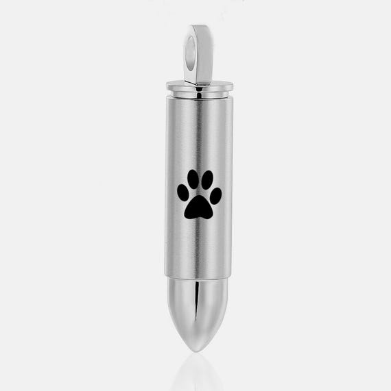 Pet Urn Necklace: Stainless Steel Bullet Shape - Engraved Paw Design