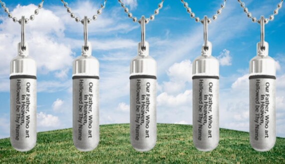 Set of 5 Engraved Brushed Silver ANOINTING OIL HOLDER Necklaces "Our Father Who Art in Heaven...."  Includes 5 Pouches