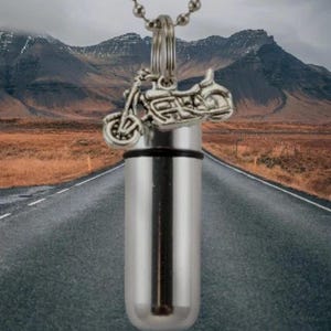 Polished Silver Motorcycle  CREMATION URN Necklace on 24&quot; Ball Chain - With Velvet Pouch & Fill Kit, Loss of Loved One, Celebration of Life
