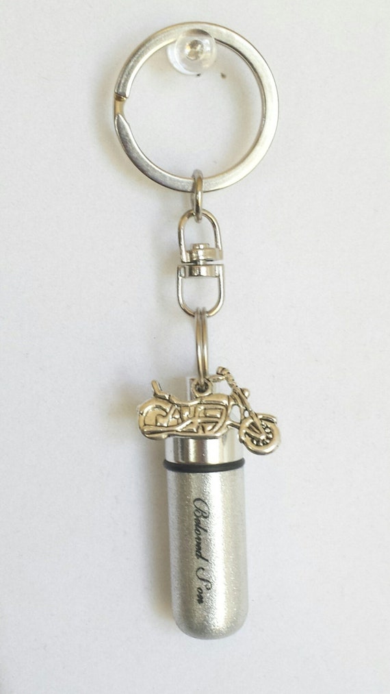 Engraved "Beloved Son" with Motorcycle Cremation Urn on Swivel Steel Keychain - Memorial Urn, Keepsake Urn, Mourning Jewelry, Child Urn