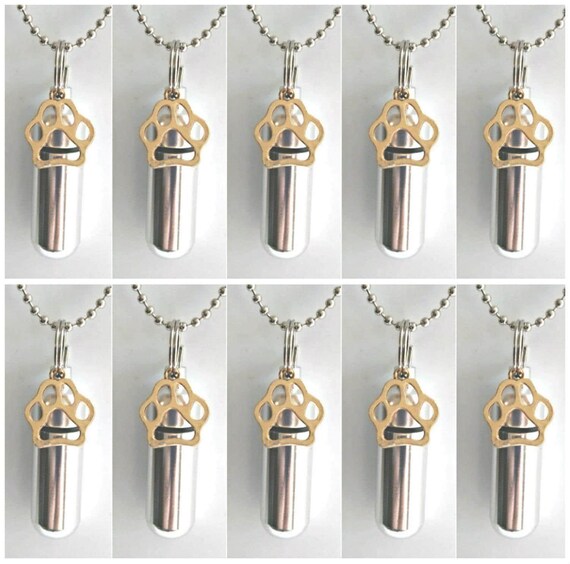 TEN Gold Pet Paws 0n Silver Cremation Urn Necklace - Memorial Jewelry, Custom Engraving Available!