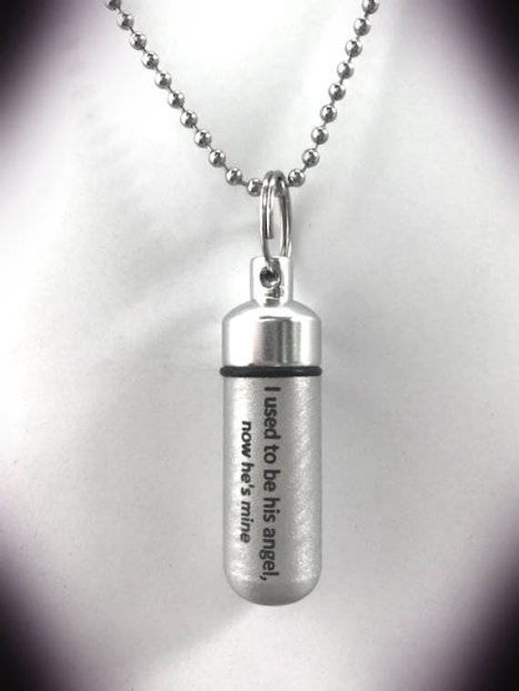 ENGRAVED Brushed Silver CREMATION URN Necklace "I used to be his angel, now he's mine"  - Includes Velvet Pouch, Ball Chain & Fill-Kit