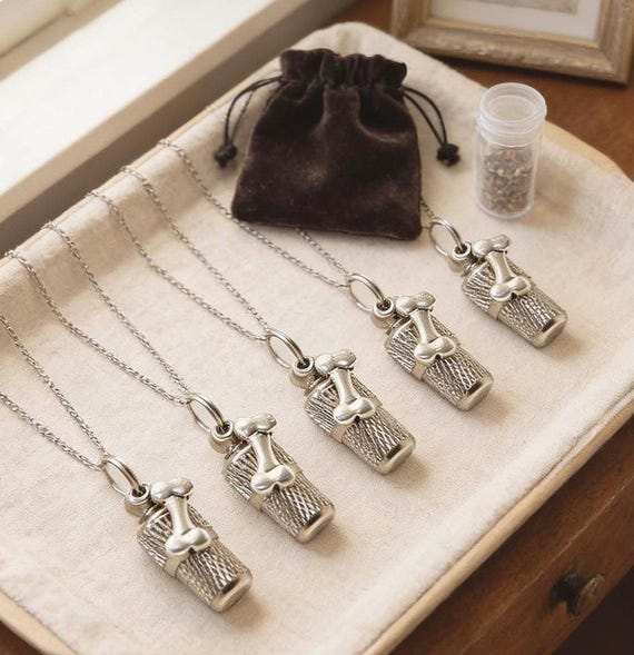 Set of FIVE Mini Pet Cremation Urns on Ball Chain Necklaces  with DOG BONES - Hand Assembled - Includes Velvet Pouch & Fill Kit