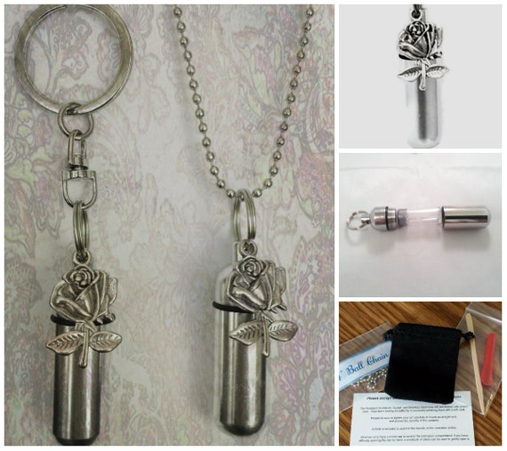 Silver ROSE  2pc. Special Set - Cremation Urn Necklace & Keychain Urn and Velvet Pouches