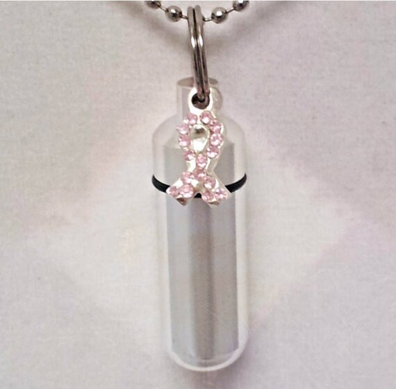 Lovely Breast Cancer Awareness CREMATION URN NECKLACE on 24" Ball Chain with Velvet Pouch, Mourning Keepsake. Sympathy Gift, Loss of Mother