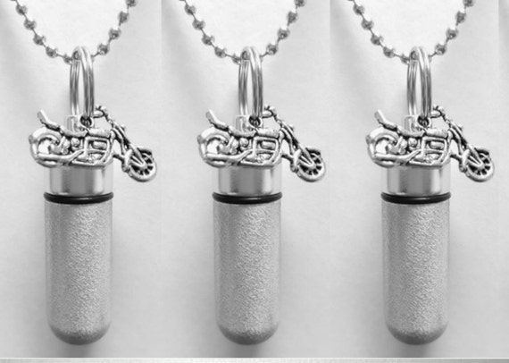 Set of Three Brushed Silver CUSTOM ENGRAVED Motorcycle Cremation Urn Necklaces - Urn Jewelry, Ashes Necklace, Urn For Human Ashes, Pet Urn