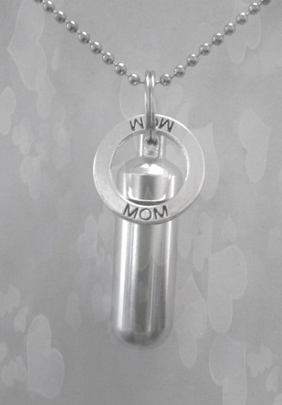 Silver CREMATION URN on 24" Ball Chain Necklace with MOM Ring Pendant - Hand Assembled with Velvet Pouch and Fill Kit