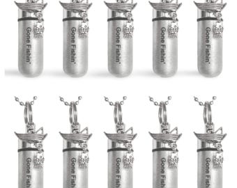 TEN Brushed Silver Fisherman CREMATION URN Necklaces, Engraved "Gone Fishin" Keepsake Mourning Jewelry