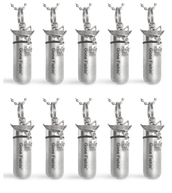 TEN Brushed Silver Fisherman CREMATION URN Necklaces, Engraved "Gone Fishin" Keepsake Mourning Jewelry