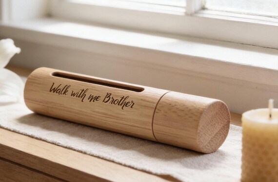 ENGRAVED "Walk with me Brother" Sandalwood Cremation Urn/Scattering Tube w/Window, Fits Pocket, TSA Approved