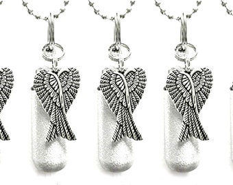 Set of FIVE Brushed Silver Angel Wings Cremation Urn Necklaces with Engraved Heart - Memorial Jewelry, Ashes Keepsake, Child Loss, Baby Urn