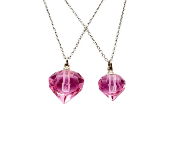 Mother & Daughter Set of TWO Pink Crystal Diamond Mourning Stone CREMATION URNS on 24" Curb Chain Necklaces with Velvet Pouches and Fill Kit