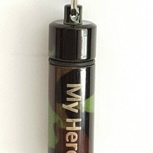 Laser ENGRAVED "My Hero" Camouflage/Camo CREMATION URN Necklace on 24" Steel Ball Chain - w/Velvet Pouch & Fill Kit.  Loss of Loved One