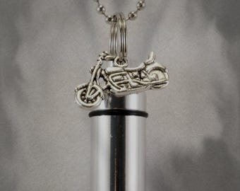 Polished Silver Motorcycle  CREMATION URN Necklace on 24" Ball Chain - Includes Velvet Pouch and Fill Kit - Loss of Loved One