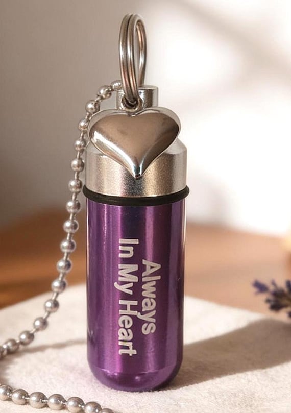 Violet Cremation Urn Necklace, Engraved - "Always In My Heart"