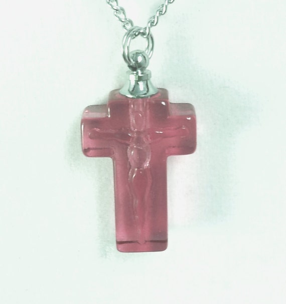 Rose/Pink  Crystal Mourning Cross CREMATION URN on 24" Curb Chain Necklace - Memorial Necklace, Urn Jewelry, Cremation Jewelry, Ashes Urn