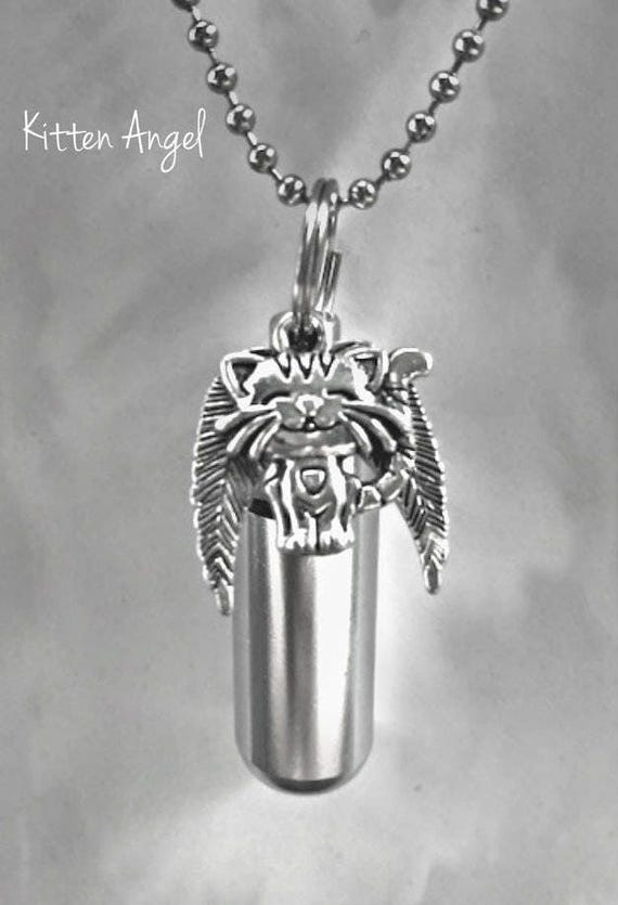 Silver Cremation Urn with Kitten /Cat Angel Pendant on 24" Ball Chain Necklace