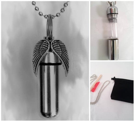 Complete Set - Spread Angel Wings  Cremation Urn on 24" Necklace  - Hand Assembled.... with Velvet Pouch and Fill Kit