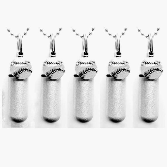 Five Brushed Silver Baseball CREMATION URN Necklaces, Memorial Urns, Engraving Available!