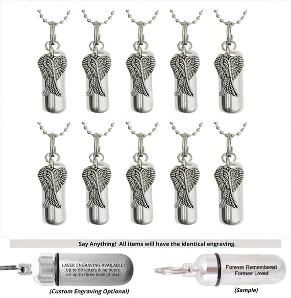 TEN Silver Cremation Urn Necklaces w/Angel Wings - Memorial Jewelry, Personalization Available