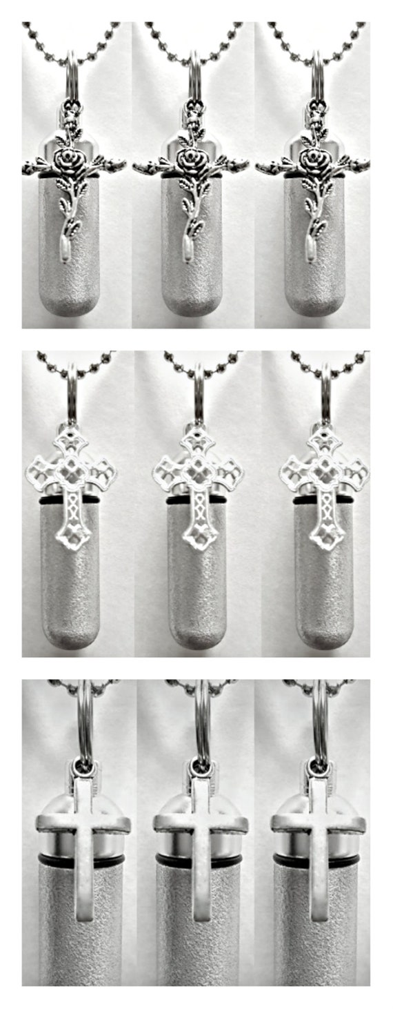 Special Set of Nine CREMATION URN NECKLACES (3 Rose-Cross, 3 Filigree-Cross, 3 Simple-Cross) - with 9 Steel Ball Chains & Velvet Pouches