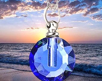 Blue Crystal Cremation Urn Necklace - Keepsake with Velvet Pouch