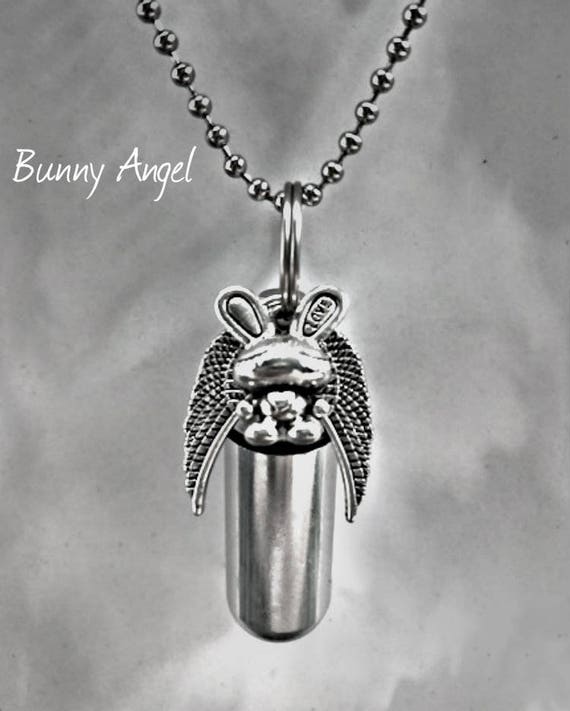 Silver Cremation Urn with Bunny Rabbit Angel Pendant on 24" Ball Chain Necklace with Velvet Pouch and Fill Kit - Memorial Keepsake, Pet Urn