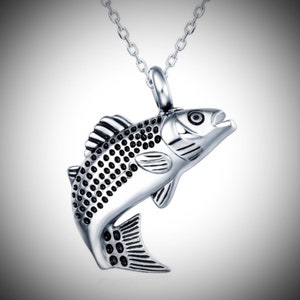 Stainless Steel Fish Cremation Urn on 24" Silver Curb Chain Necklace Includes Black Velvet Pouch & Fill Kit
