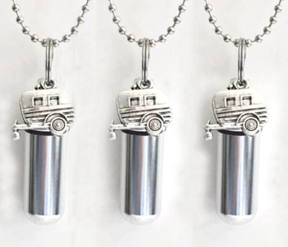 Cremation Urn Necklace: Silver Camper, Ashes Holder - Custom Engraving