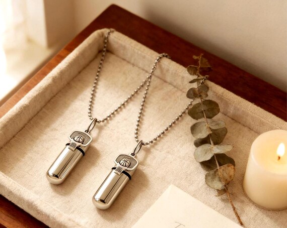 TWO Cremation Urn Necklace Keepsakes with Basketball Charm - Memorial Jewelry