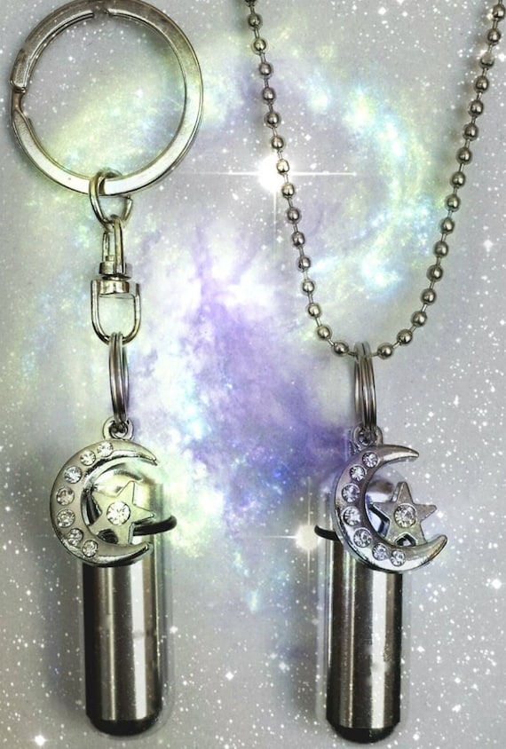 Lovely CREMATION URN Necklace and Keychain with Rhinestone Crescent Moon & Star 2pc. Special Set - Memorial Keepsakes, Celebration of Life