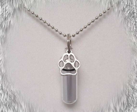 Silver Paw Pet Cremation Urn on 24" Ball Chain Necklace Pet Urn, Dog Urn, Puppy Urn, Pet Loss, Mourning Keepsake, Personalized Urn