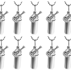 May include: Ten silver guitar-shaped cremation pendants on chains. Each pendant has a small opening for ashes.