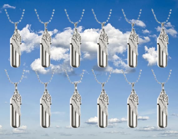 Set of 12 CREMATION URN NECKLACES with Silver Angel Wing with Rose, Memorial Jewelry, Personalized Urns