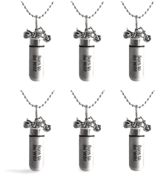 SIX ENGRAVED Brushed Silver Cremation Urn Necklaces "Born To Be Wild" with Silver Motorcycle -Includes Velvet Pouches, Ball-Chains, Fill Kit