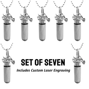 Set of SEVEN Brushed Silver CUSTOM ENGRAVED Motorcycle Cremation Urn Necklaces, Memorial Jewelry, Mourning Jewelry, Urn Necklace