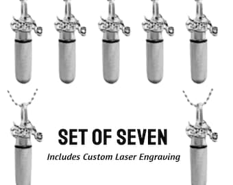 Set of SEVEN Brushed Silver CUSTOM ENGRAVED Motorcycle Cremation Urn Necklaces, Memorial Jewelry, Mourning Jewelry, Urn Necklace