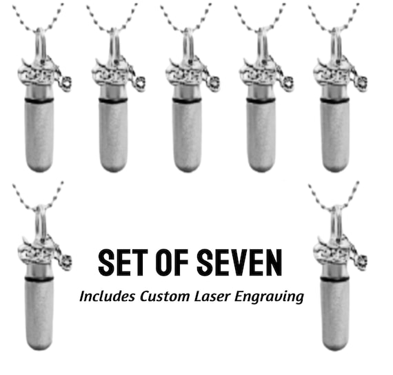 Set of SEVEN Brushed Silver CUSTOM ENGRAVED Motorcycle Cremation Urn Necklaces, Memorial Jewelry, Mourning Jewelry, Urn Necklace